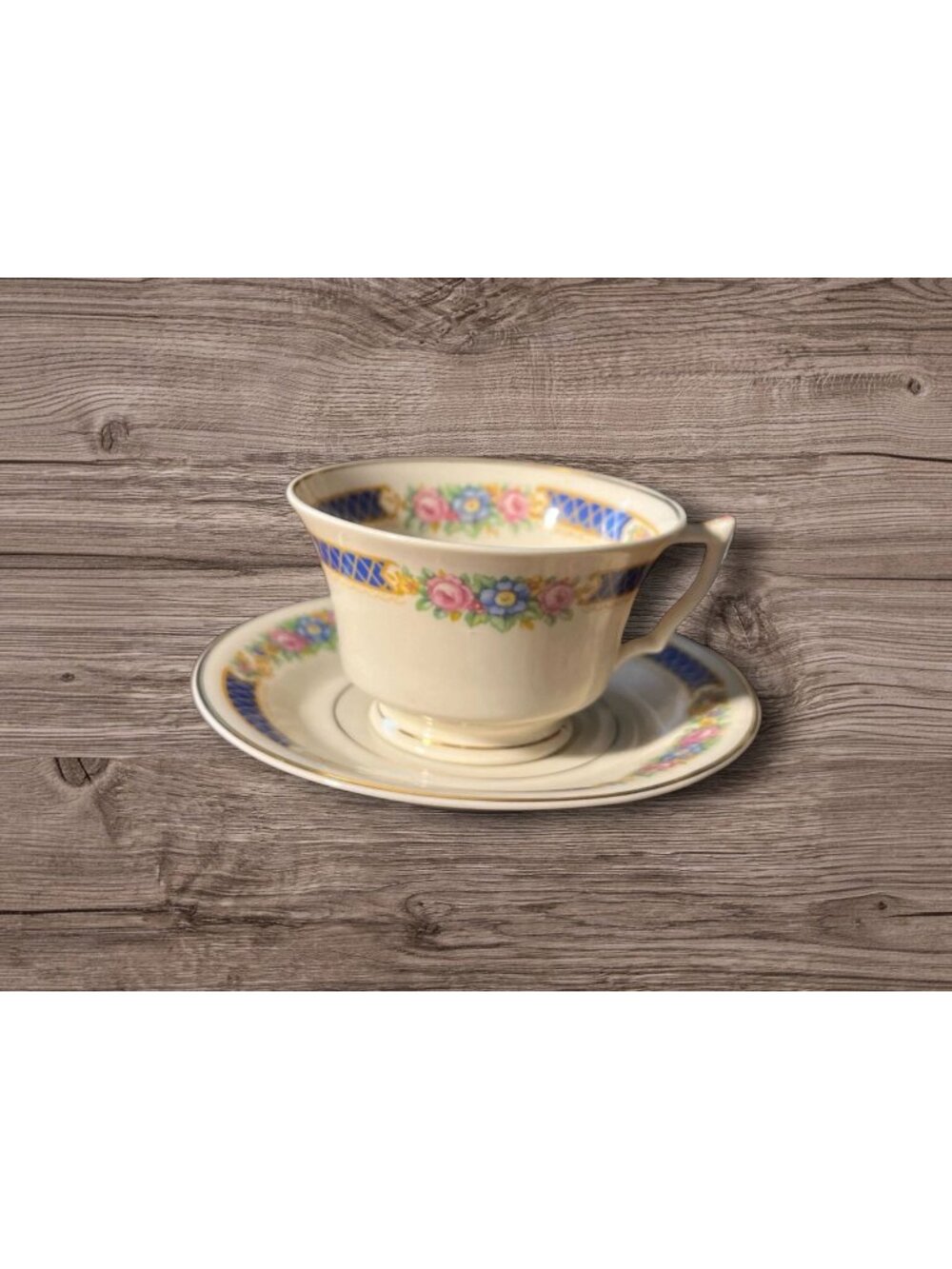 Old Ivory Syracuse China Haddon Blue Band Flower Cup and Saucer Made in America